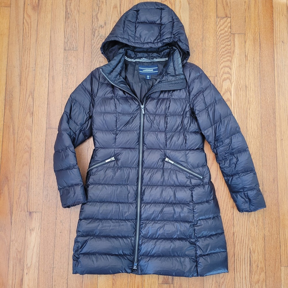 Lands End S Down Puffer Coat Hood Lightweight Packable Black Parka‎ Winter